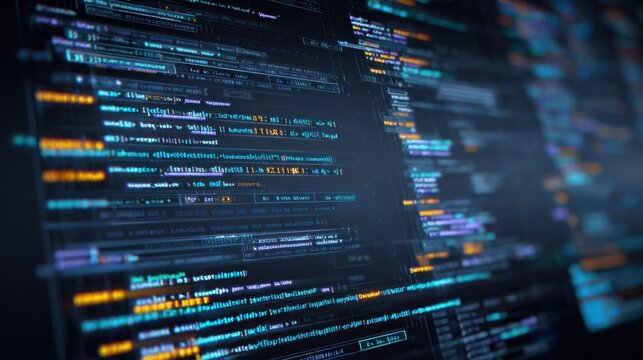 A vibrant display of code featuring various programming languages is shown on a dark background. The text includes syntax highlighting, demonstrating software development concepts and activities.