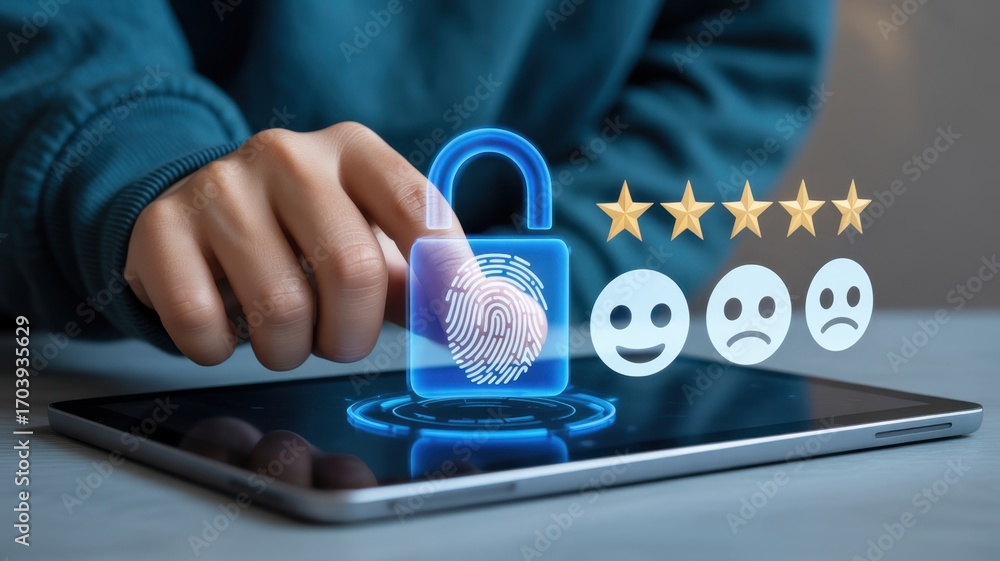 Poster cybersecurity approval: a finger interacts with a digital lock, illustrating secure access on a tabl