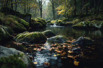 Fototapeta premium Serene River Flowing Through Forest with Mossy Rocks in Early Autumn