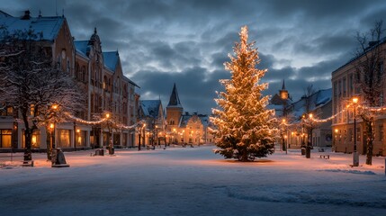 Fototapeta premium A decorated Christmas tree in a snowy town square, glowing warm lights, with wide empty snowy ground for copy space. 