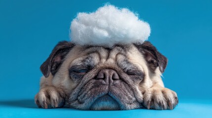 A pug lays quietly with a fluffy cloud-shaped accessory on its head, against a vibrant blue background. The pet exudes calmness while capturing a playful spirit.