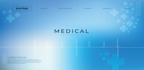 Obraz premium Clean blue medical background featuring an ECG heartbeat line, modern interface elements, and digital health icons. Perfect for healthcare presentations, hospital banners, medical websites, and pharma