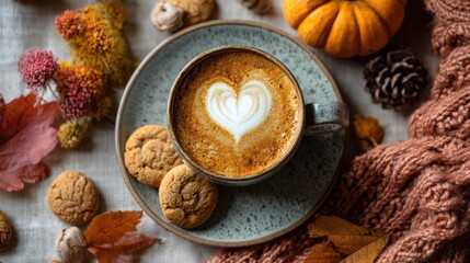 Overhead View of Heart Latte Art in Ceramic Cup with Autumn Decor