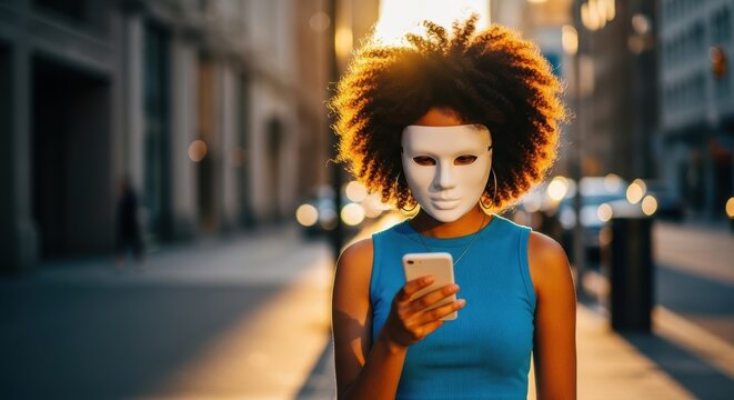 Young african female in white mask using smartphone on city street at sunset