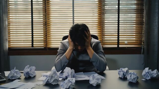 Depressed desperate man feeling worried about financial problem doing paperwork. Stressed businessman looking frustrated thinking of money debt, budget loss, bankruptcy sitting at home office desk