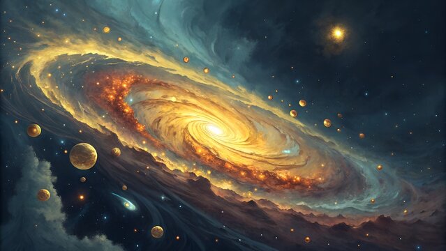 A vibrant spiral galaxy shines brightly in the vast expanse of the deep cosmos, filled with countless glowing stars and swirling celestial dust.