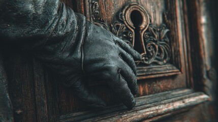 Dark leather glove on aged wood door with keyhole.