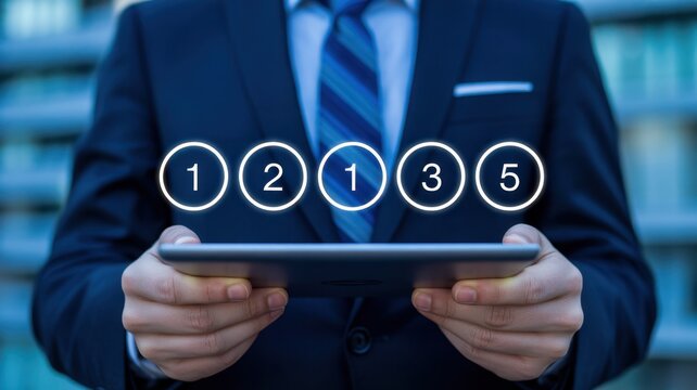 Digital Strategy in Focus: A man in a suit holds a tablet displaying the numbers 1, 2, 1, 3, and 5, symbolizing digital strategy, data analysis, and business success.
