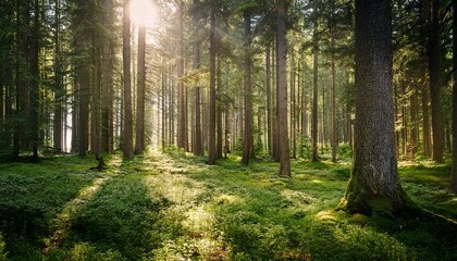 Obraz premium A Tranquil Coniferous Forest Filled With Tall Green Trees And Rich Undergrowth Bathed In Bright Daylight Inviting Exploration And Appreciation Of Nature