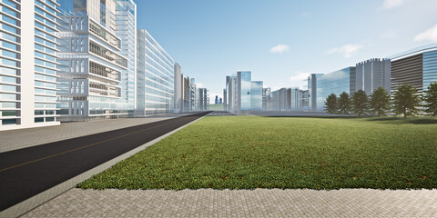 3D rendering of vacant land in city with high-rise buildings in background. Empty space with green lawn suite for product display background. Represents real estate and property development. 