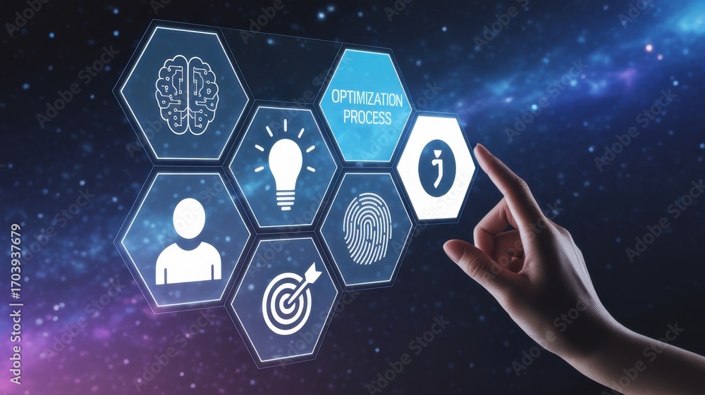 Poster digital process exploration: a high-tech digital interface featuring interactive hexagonal icons rep