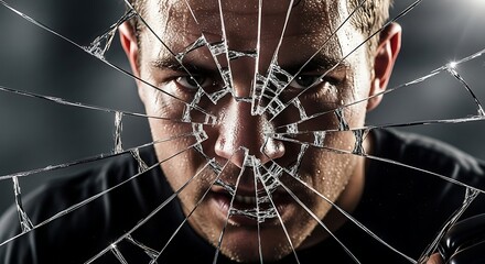 The intense face of a powerful man staring fiercely through a shattered glass barrier.