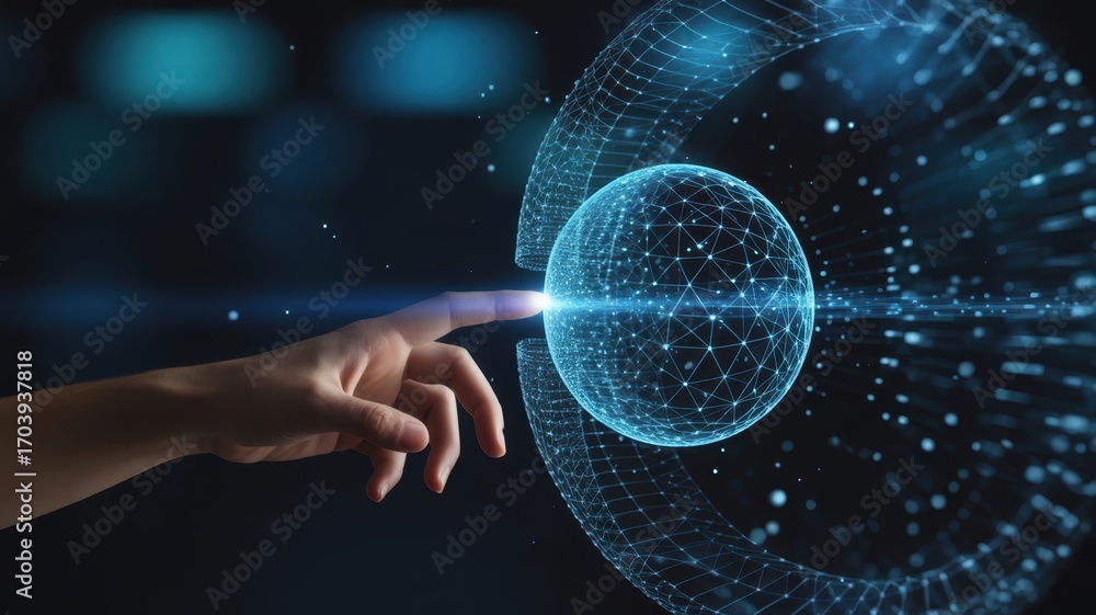 Poster digital connectivity: a digital sphere composed of intricate networks, touched by a human hand, high