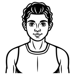 Illustration of a young man with dark hair and eyes, wearing a white tank top, the image is a simple, clean line drawing