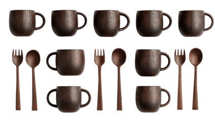 Dark brown wooden mugs and utensils arranged in a grid