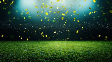 Green field with falling golden confetti at night