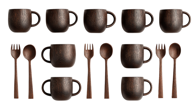 Dark brown wooden mugs and utensils arranged in a grid