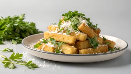 Crispy golden fried food sticks are beautifully served on a white plate, generously topped with fresh green herbs and grated cheese, ready to enjoy.
