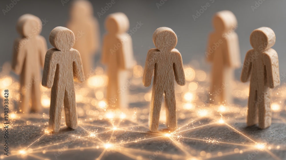 Poster wooden figures are arranged to illustrate collaboration and networking, highlighting the importance 