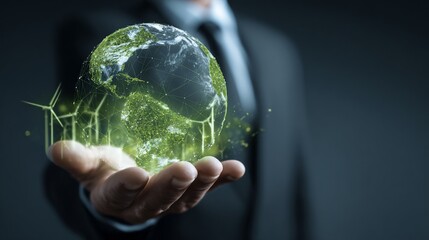 Man holding digital earth with green energy windmills