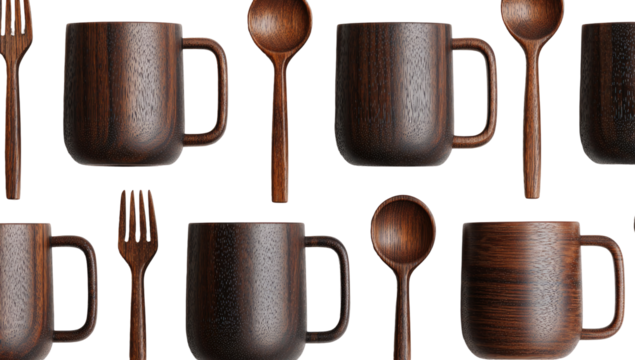 Wooden mugs and utensils, repeating pattern