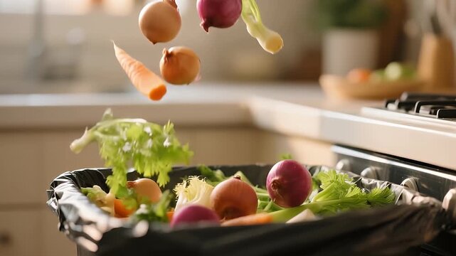 Vegetable scraps being discarded into a kitchen trash bin.