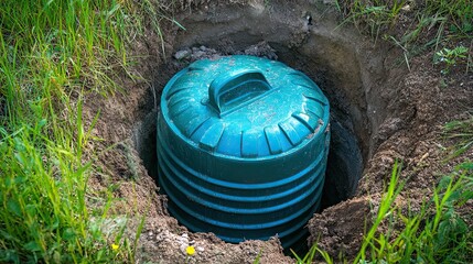 Underground septic tank installation in grassy area