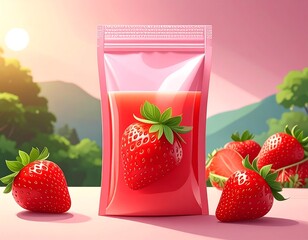 Pink juice pouch with strawberries