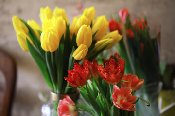 Tulip flowers close-up in a vase. Mothers Day.