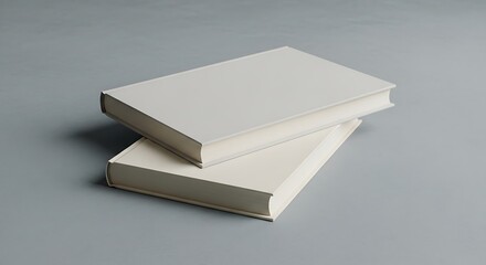 Two blank, off-white books rest on a muted gray surface, showcasing a simple, elegant presentation for mockup design.