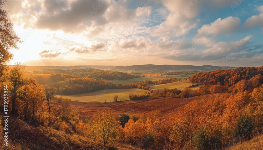 Poster the image shows a panoramic view of a landscape with rolling hills covered in autumn foliage and plo