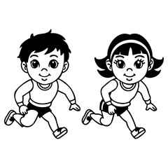 Two cartoon children, a boy and a girl, are running happily they are wearing sports clothes and have big smiles on their faces