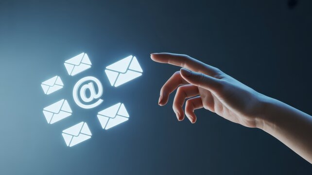 Reaching Out Digital: A digital illustration showcasing a hand interacting with a glowing @ symbol surrounded by floating email envelopes.