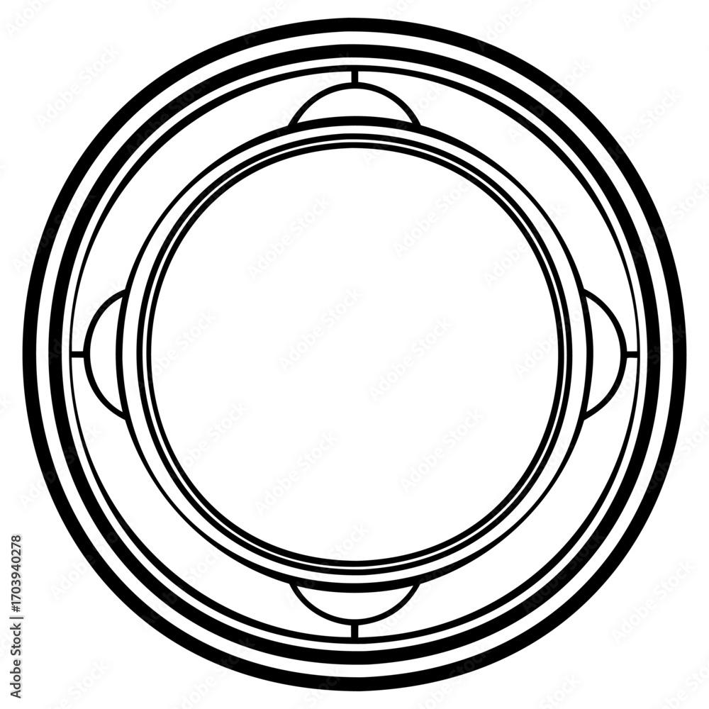 Poster a simple circular design featuring concentric circles and four evenly spaced semicircular elements f