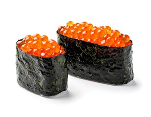Gunkan Maki Sushi with salmon, salmon caviar (Ikura) on white background. Salmon Roe Gunkan Maki Sushi. Side view Sushi menu. Japanese food. Isolated