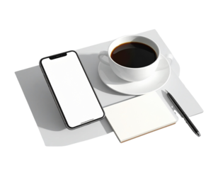 Modern Smartphone with Coffee Cup and Notepad isolated on transparent background PNG