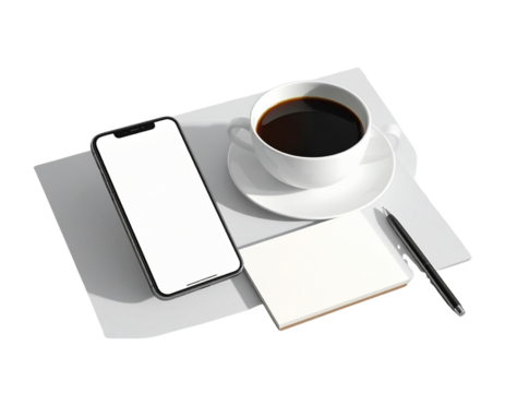  Modern Smartphone with Coffee Cup and Notepad isolated on transparent background PNG