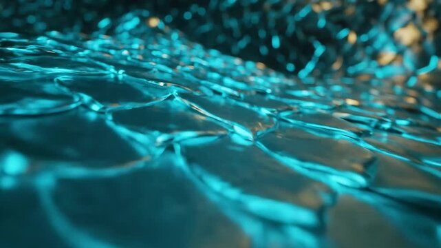 Dynamic close-up of shimmering turquoise liquid surface with reflective textures and flowing patterns, captured in low-angle perspective, highlighting fluid motion and vibrant color contrasts