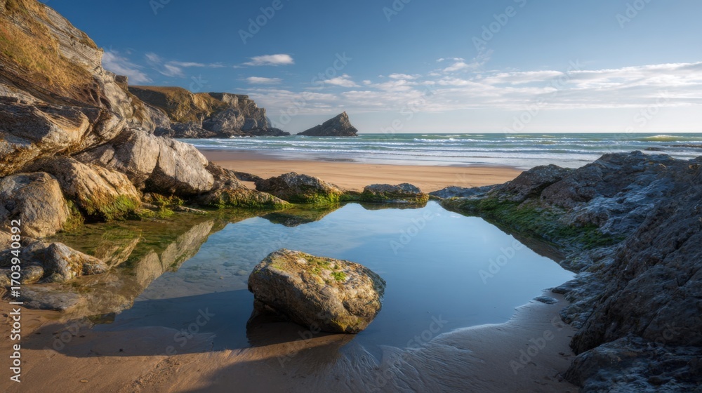 Poster a serene beach area features a clear tidal pool surrounded by rocks. the horizon showcases distant c