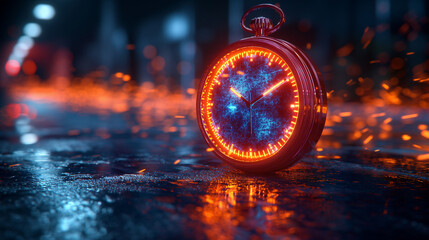 Glowing stopwatch with neon lights on wet street at night