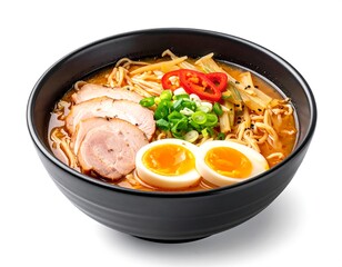 Asian ramen noodles soup with egg, pork and bamboo shoots in bowl is isolated on white background, Japanese cuisine