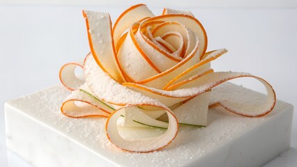 A beautiful edible flower is crafted from delicate white citrus strips with orange edges, gently dusted with sugar and presented on a clean white base.