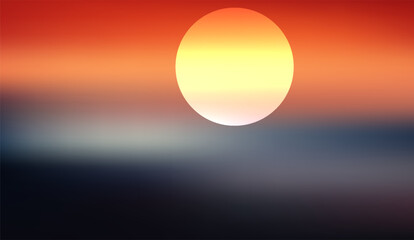 Vibrant hues blend as a luminous sun emerges against a gradient sky transitioning from fiery reds and oranges to serene grays and blues, creating a dreamy backdrop