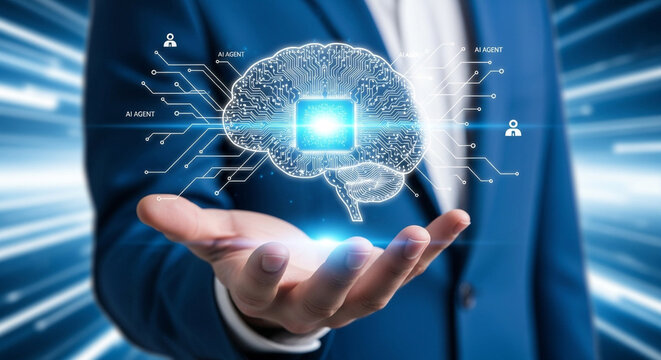 Artificial intelligence ai technology brain concept with human hand and circuit lines - Powered by Adobe