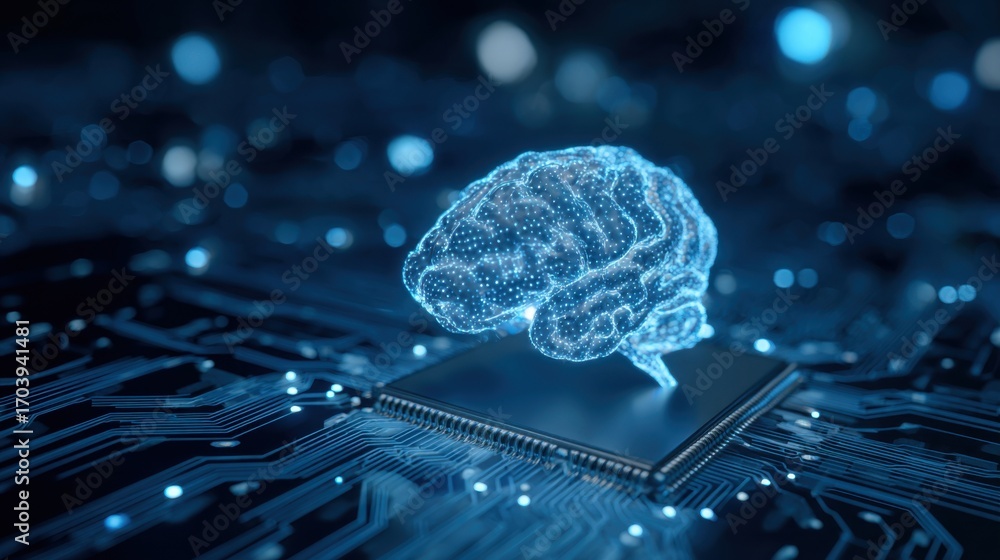 Aufkleber a glowing digital brain model sits atop a microchip, showcasing the intersection of neuroscience and