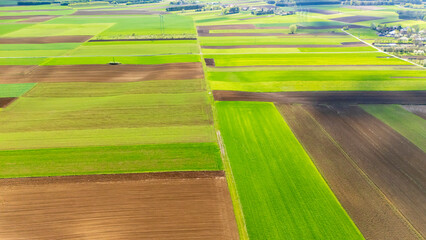 Aerial view of vibrant green and brown agricultural fields, showcasing the beauty of farmland. This colorful patchwork highlights the diversity of crop patterns and farming techniques.
