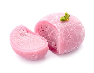 A Pink Mochi Ice Cream Isolated on a White Background