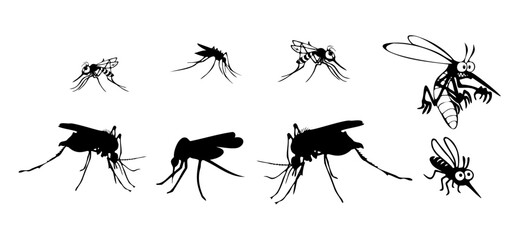 Cartoon mosquito set displays detailed silhouettes, showcasing slender legs and distinctive wings against a clean white background, revealing various poses and perspectives of these insects
