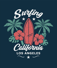 Surfboard and palm trees sign for surfer artwork. T-shirt print. California beach, endless summer, surfing typography. Sea adventure, California los angeles sign with hibiscus and others.  © MD MAIDUL ISLAM