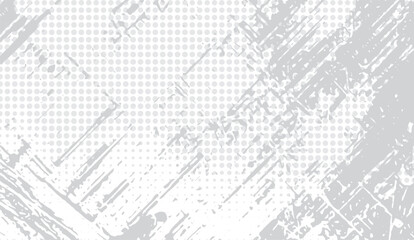 Distressed gray and white vector texture design showcases a dynamic blend of scattered dots and irregular, textured brushstrokes, creating a weathered aesthetic ideal for backgrounds